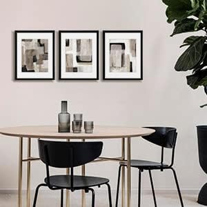 ArtbyHannah 11x14 Inch Black Framed Abstract Wall Art Set of 3 with Brown Black Tan Blocks for Wall Decor, Extra Art Prints of Botanical Included