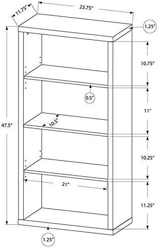 Monarch Specialties Bookcase - Sturdy Etagere with 3 Adjustable Book Shelves - 48”H (Brown)