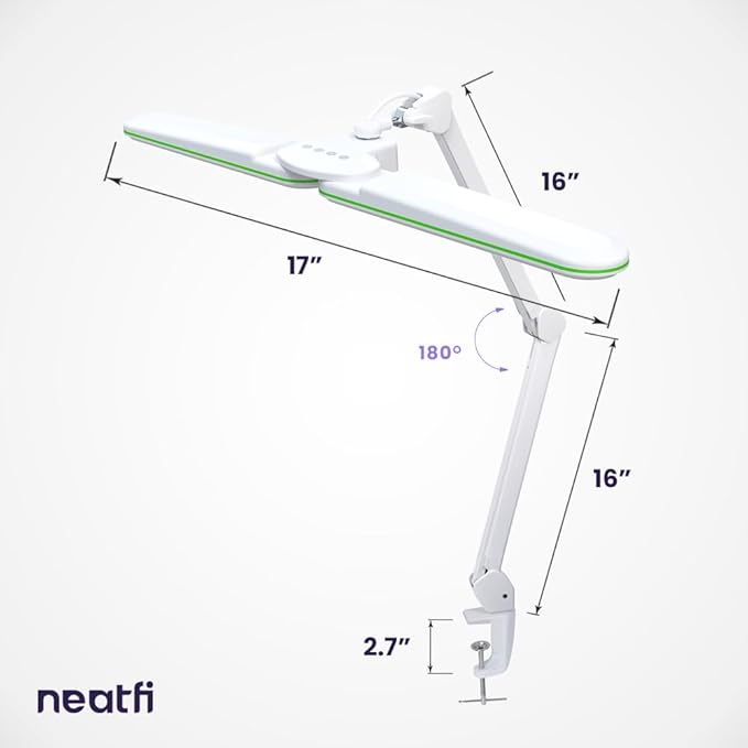 Neatfi Elite HD XL LED Desk Lamp | 3 Light Modes | Non-Polar Dimming | Eye-Caring Desk Light for Home Office, Drafting, Beauty Shop, Workbench (Green Ring, CCT with Clamp)