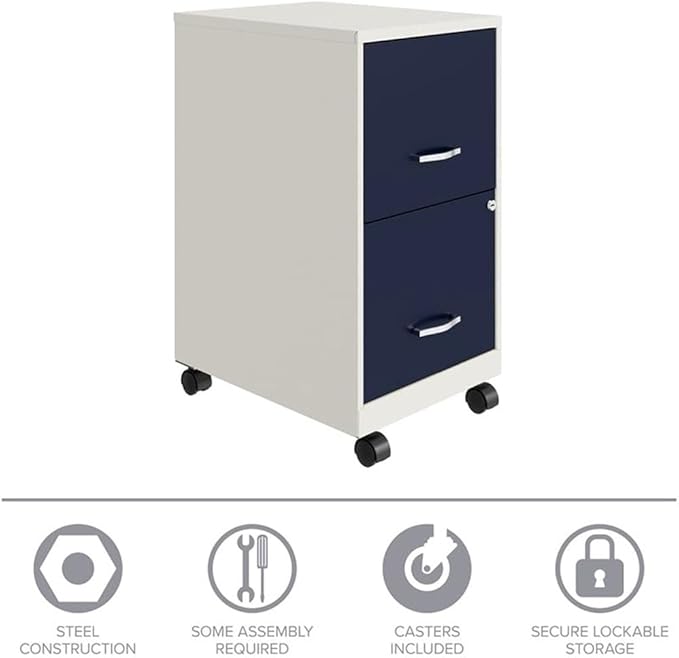 UrbanPro 18" 2-Drawer Mobile Vertical Filing Cabinet, Metal Construction, White/Navy Finish, Letter-Size Storage, Built-in Lock, Easy Roll Casters, Compact Design for Home or Office Use