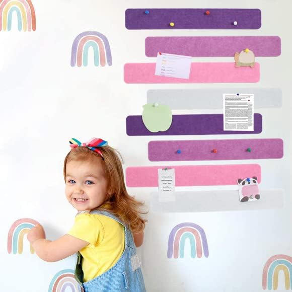 Vuzvuv 8 pcs Bulletin Board Bar Strips with 50 Pushpins & 10 Wooden Clip pins,Self Adhesive Cork Board for Wall,Felt Pin Board for School,Office Decor(Purple Rose)