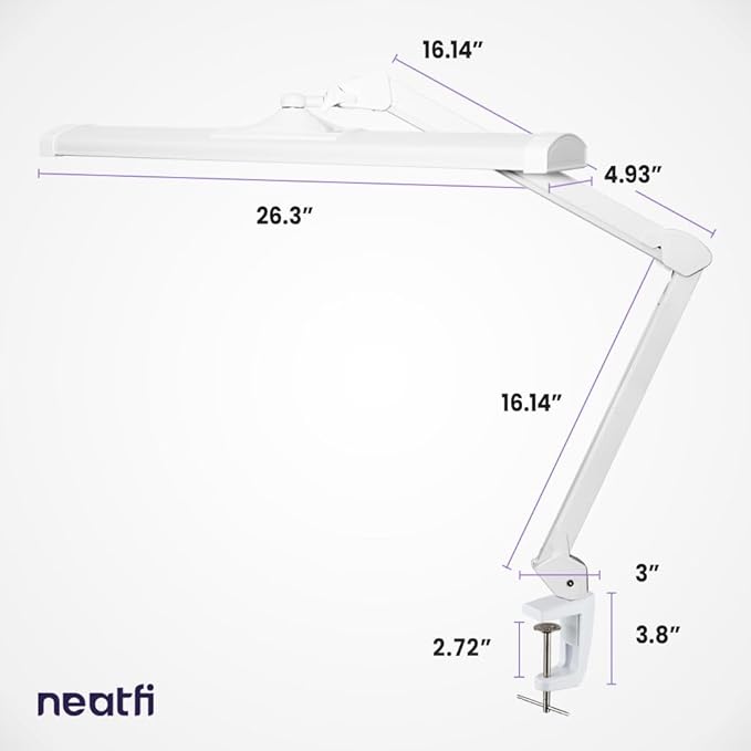 Neatfi Ultra 3,500 Lumens LED Desk Lamp – 45W, 26” Wide Metal Shade, 270 SMD LEDs, Shadow-Free | Adjustable Brightness | Non-Flickering Task Light for Nail, Craft & Office (Non-CCT with Clamp, White)