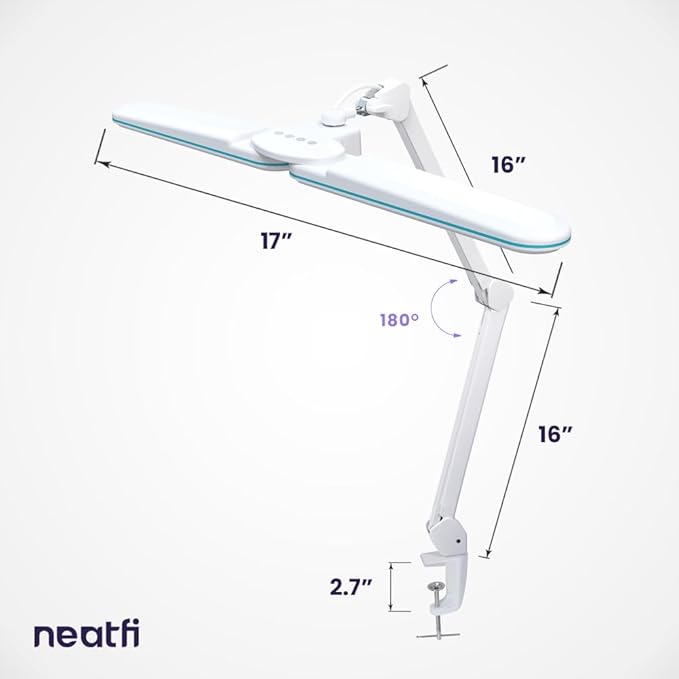 Neatfi Elite HD XL LED Desk Lamp | 3 Light Modes | Non-Polar Dimming | Eye-Caring Desk Light for Home Office, Drafting, Beauty Shop, Workbench (Blue Ring, CCT with Clamp)