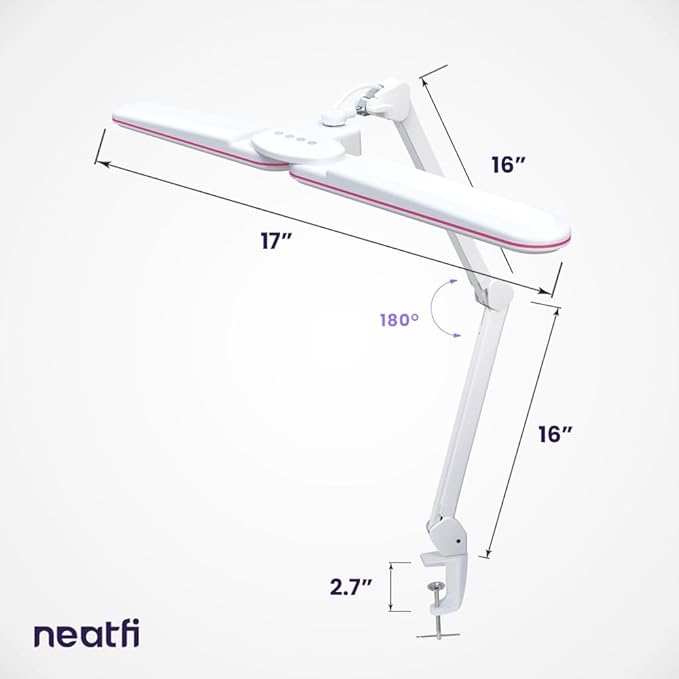 Neatfi Elite HD XL LED Desk Lamp | 3 Light Modes | Non-Polar Dimming | Eye-Caring Desk Light for Home Office, Drafting, Beauty Shop, Workbench (Pink Ring, CCT with Clamp)