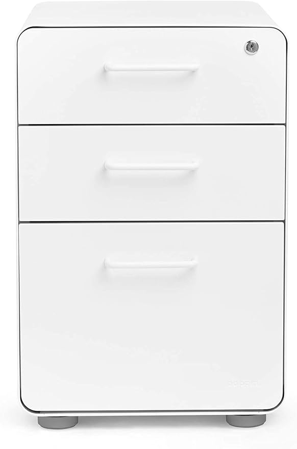 Poppin Stow 3-Drawer Rolling File Cabinet - White. 2 Utility Drawers and 1 Hanging File Drawer. Two Locking and Two Non-Locking Wheels. Powder-Coated Steel. Two Keys Included