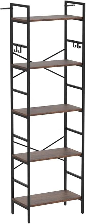 Luckyeestar 5Tier Storageshelves Bookshelf -, Metal Bookcase Shelving Unit- Modern Tall Narrow Bookshelf with 4 S-Hooks, Floor Standing Organizer for Home Office, Bedroom, Living Room Corner