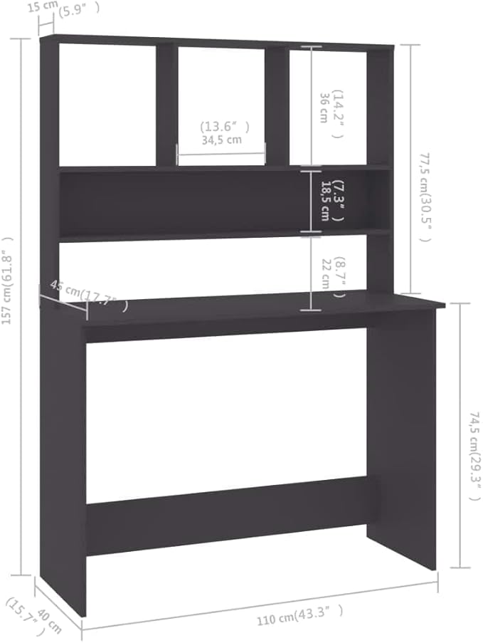 Modern Computer Desk Writing Study Table with Upper Cabinet, Home Office Student Table Laptop PC Writing Desk Home Office Writing Desk, Gray 43.3"x17.7"x61.8"