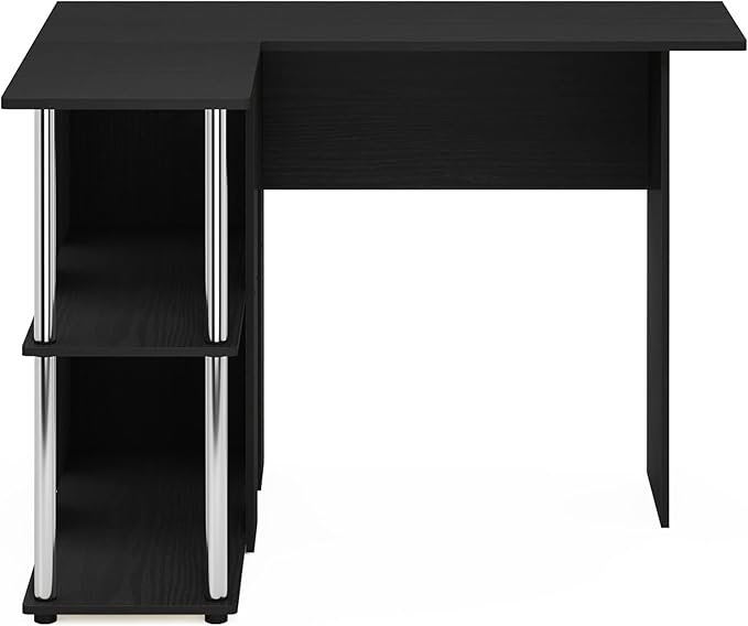 Furinno Abbott L-Shape Desk with Bookshelf, Americano/Chrome