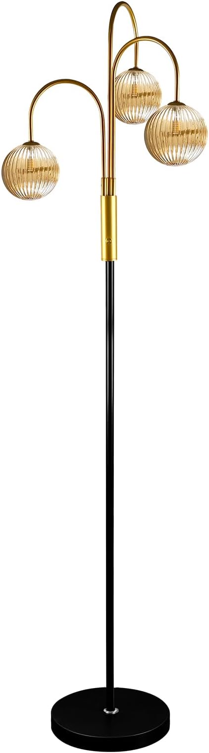 Lightdot 70IN Dimmable Floor Lamp for Living Room, 3 Light LED Tree Floor Lamps with Glass Globe Shade& Bulb Included, Mid Century Standing Tall Lamp for Bedroom/Sofa Beside/Corner Decor-Black&Gold