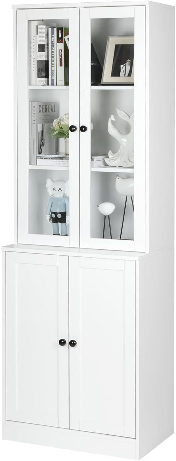 VOWNER Vertical File Cabinet, 3-Tier Modern Bookshelf with 3 Large Drawer, Wood Filing Cabinet with Open Storage Shelf, Glass Doors and Adjustable Shelves for Home Office, White (B)