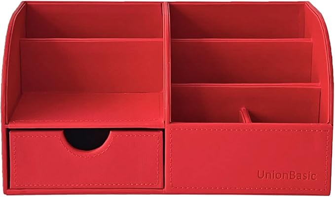 UnionBasic Desk Organizer - Multifunctional Leather Desktop Pen Holder Storage Box - Business Card/Pen/Pencil/Mobile Phone/Stationery Holder, Red