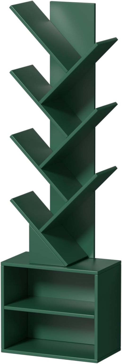 10 Tier Tree Bookshelf,Christmas Green Bookcase for Narrow Space, Storage Organizer Floor Standing Bookshelves for Books, Tall Book Case for Home Office, Living Room, Bedroom