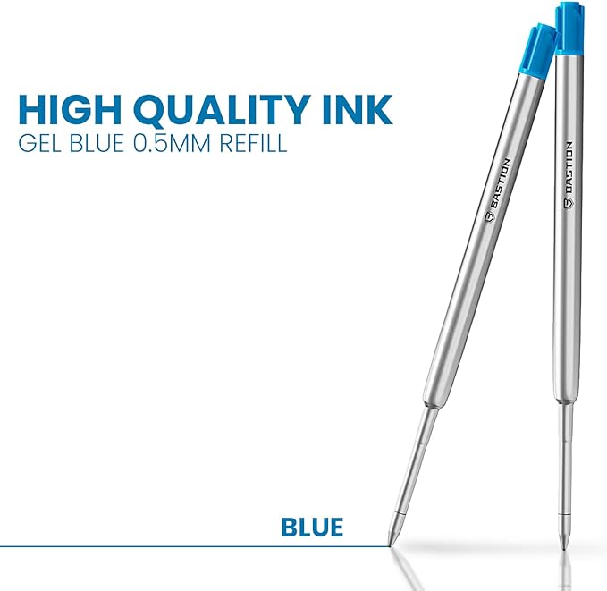 BASTION® Premium Pen Refill, Deeply Pigmented Ink for All Bolt Action Luxury Pens, Standard Ink Refill with 0.55mm Fine Tip - Blue Gel, 2 PCs