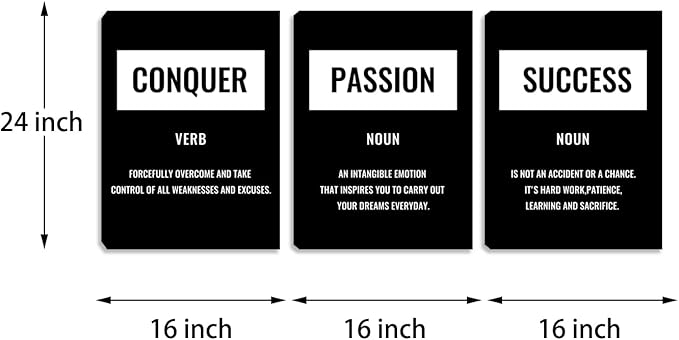 Inspiring Canvas Wall Art for Bedroom Motivational Black and White Success Wall Art Painting Wall Decor Modern 3 Piece Prints Artwork Home Office Decor Inspirational Pictures Poster Framed (48"Wx24"H)