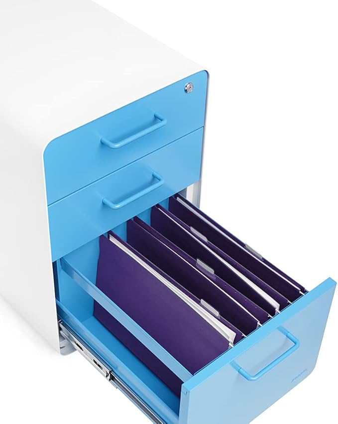 Poppin Stow 3-Drawer Rolling File Cabinet - White + Pool Blue. Utility and Hanging File Drawers. Locking and Non-Locking Wheels. Powder-Coated Steel. Two Keys Included