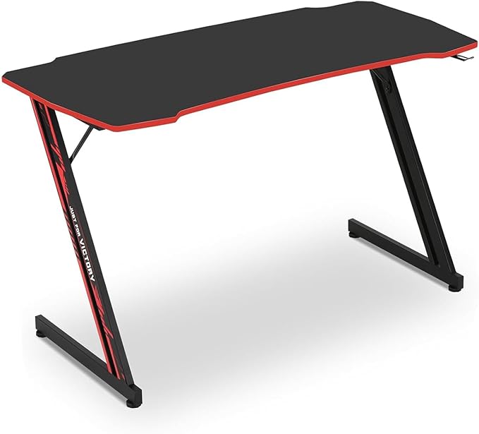 47 in Z-Shaped Home Computer Desk with Hook - Large Gaming Table for Work & Study, PC Gaming Workstation with Carbon Fiber Surface, Sturdy Metal Frame, Stable and Durable, Red