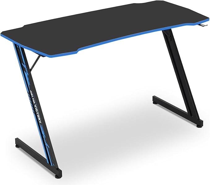 Z-Shaped Gaming Computer Desk - 47" Large Gaming Table with Carbon Fiber Surface, Sturdy Metal Frame, Blue