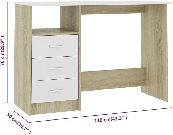 Modern Writing Computer Desk with 3 Drawers, Home Office Desk Writing Study Table PC Desk Workstation for Bedroom, White and Sonoma Oak 43.3"x19.7"x29.9" Engineered Wood(I)