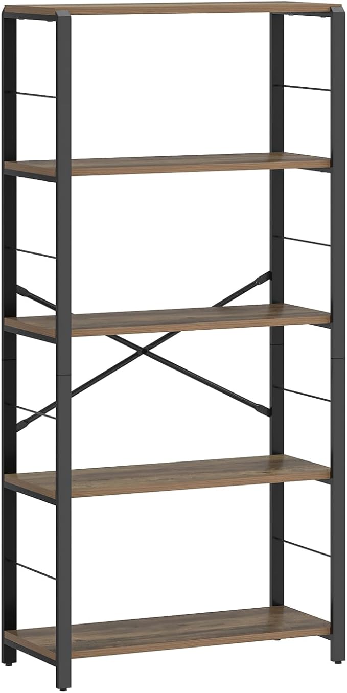 FOLUBAN 5 Tier Tall Bookshelf, Industrial Bookshelves and Bookcases, Modern Rustic Wood and Metal Book Shelf for Bedroom, Living Room and Home Office, Oak