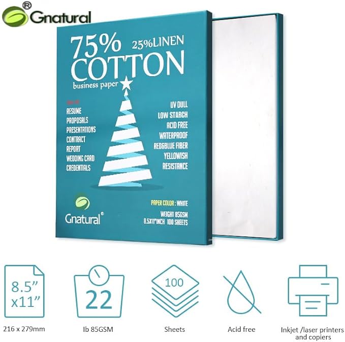 75% Cotton 25% Linen Business Paper, 85gsm 8.5”×11” Inkjet Printer Paper, Waterproof White Copy Paper -100 Sheets Printing Paper(Low Starch)