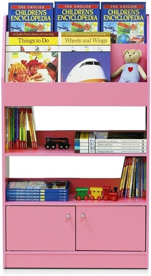 Furinno Lova Magazine/Bookshelf with Storage Cabinet, Pink, 9.45D x 24.57W x 43.31H in
