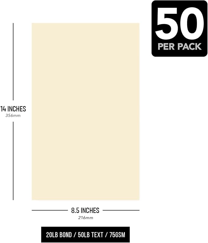 Cream - Color Paper 20lb. Size 8.5 X 14 Legal/Menu Size 50 Per Pack