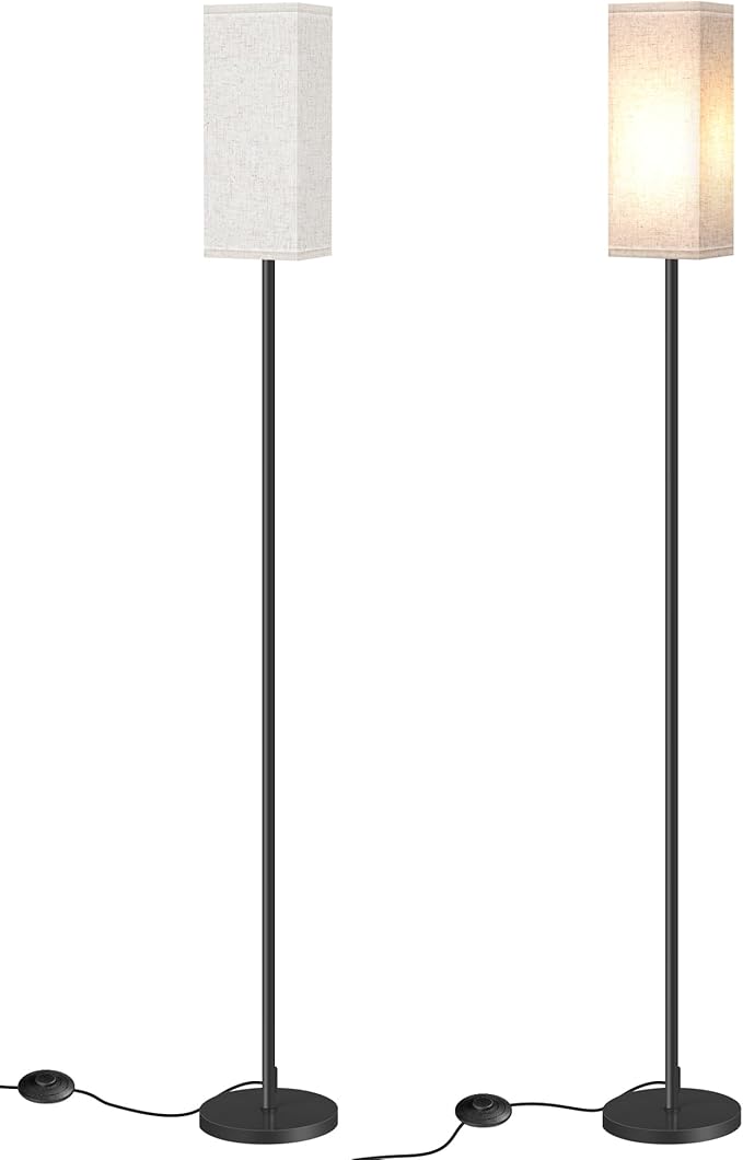 2 Pack Floor Lamp, Pole Lamp with Foot Switch, Modern Standing Lamp Lampshade, Minimalist Freestanding Lamp (Bulb Not Included), for Living Room, Bedroom Office, Black and Beige E07LDP205