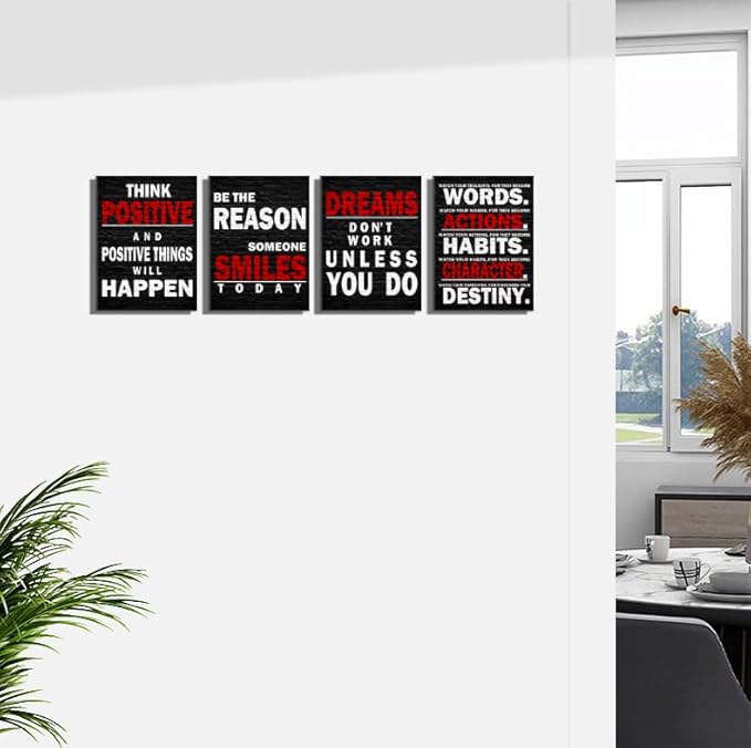 Motivational Wall Decor Art Red Black Gym Office Wall Art Inspirational Poster Quote Framed Positive Canvas Wall Art for Office Bedroom Dorm Wall Decor Sign Boys Girls Room 12"x16", 4pieces