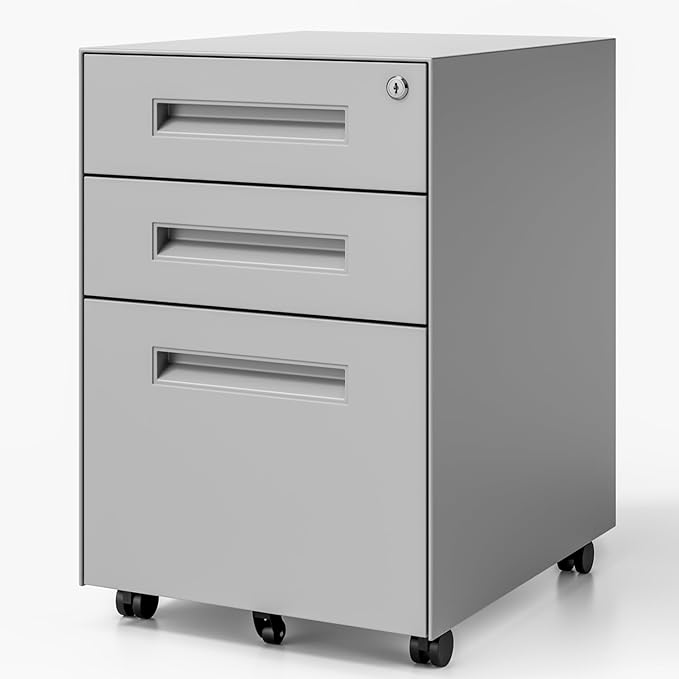 Dripex 3 Drawer File Cabinet, Mobile File Cabinet with Lock on Wheels, Letter/Legal Size, Fully Assembled, Modern Small Short Vertical Metal Rolling Filing Cabinets Under Desk for Home Office (Grey)