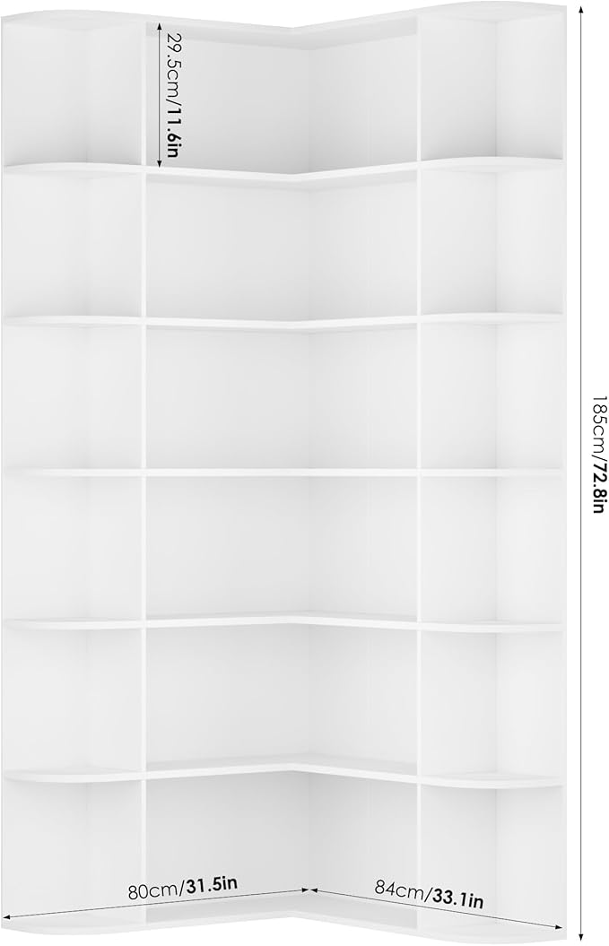 FOTOSOK 74” Tall Corner Bookshelf, 6-Tier Bookshelf and Bookcase with Open Storage, L Shaped Tall Bookcases Wooden Storage Shelves for Home Office, Thickened Boards for Better Load Bearing, White