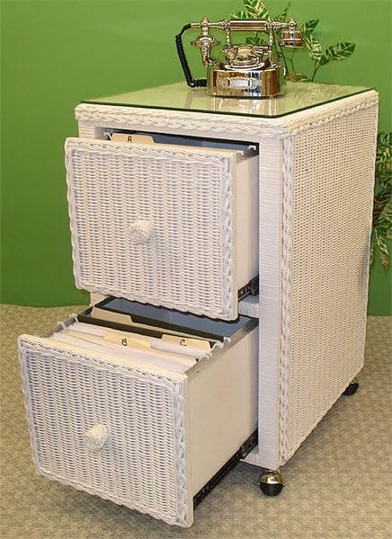 Wicker File Cabinet 2 Drawers with Castors and Glass Top, White