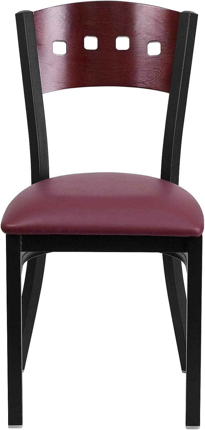 Flash Furniture 2 Pk. HERCULES Series Black 4 Square Back Metal Restaurant Chair - Mahogany Wood Back, Burgundy Vinyl Seat