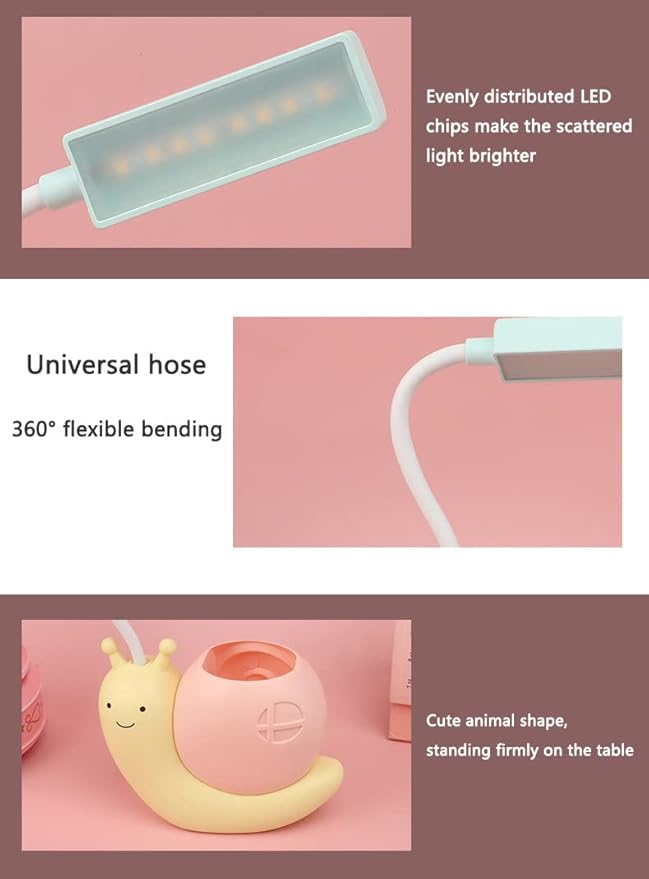 Cute Kids Lamp with Pen Holder,LED Desk Lamp for Child,Snail Shape USB Charging Student Learning Eye Protection Lamp with 360° Bendable Adjustable Neck Blue