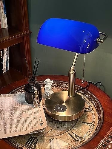 FIRVRE Bankers Lamp with2 USB and Wireless Charging Port,Pull Chain Switch Blue Glass Desk Lamp, E26 Base,Traditional Library Desk Lamps for Home Office,Bedroom,Piano
