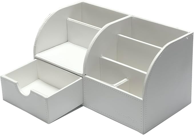 UnionBasic Desk Organizer - Multifunctional Leather Desktop Pen Holder Storage Box - Business Card/Pen/Pencil/Mobile Phone/Stationery Holder, White