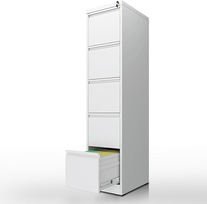 5 Drawer File Cabinet with Lock, Vertical Filing Cabinets for Home Office, Locking File Cabinet Hanging Files for A4/ Legal/Letter, Require Assembly, White