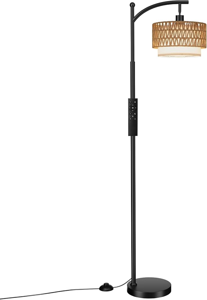 Ambimall Arc Floor Lamp for Living Room with Remote, Boho Standing Lamp with Rattan & Linen Shades, Color Temperature & Dimmable Bulb, Farmhouse Tall lamp for Bedroom, Office(Black)