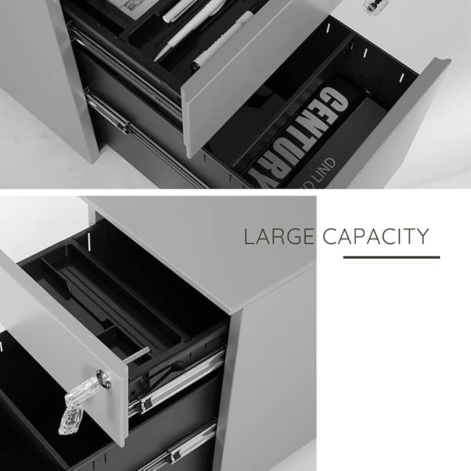 2 Drawer Mobile File Cabinet for Storage Under Desk in Home Office, Mobile File Cabinet, Metal File Cabinet with Lock, Legal/Letter /A4/F4 Size, Fully Assembled, Including Wheels, Grey