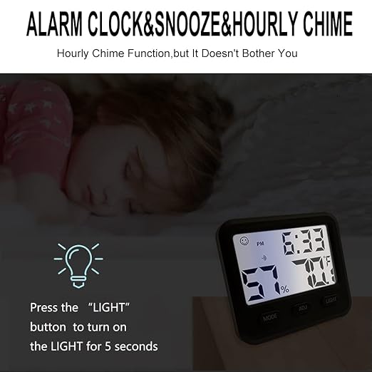 Digital Hygrometer Indoor Thermometer, Temperature Humidity Gauge with Desk Clocks for Bedroom and Office,Backlit Accurate Monitor Clear Reading, Time Display for Home Greenhouse Thermometer