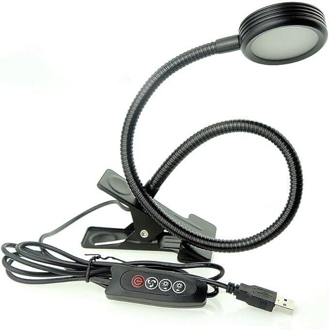 QUANS Dimmable Clip on Clamp LED Gooseneck Desk Light Lamp, Clip-on 3 Color Changeable Reading Lights, C-Clamp Nightlight, USB Port, 3 Color Temperature, Black