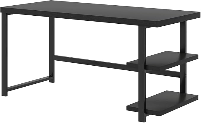 EXCEFUR Black Desk, Modern Computer Desk for Home Office, Metal Wood Writing Study Table Workstation with Storage Shelf for Living Room, Bedroom, 53 Inch