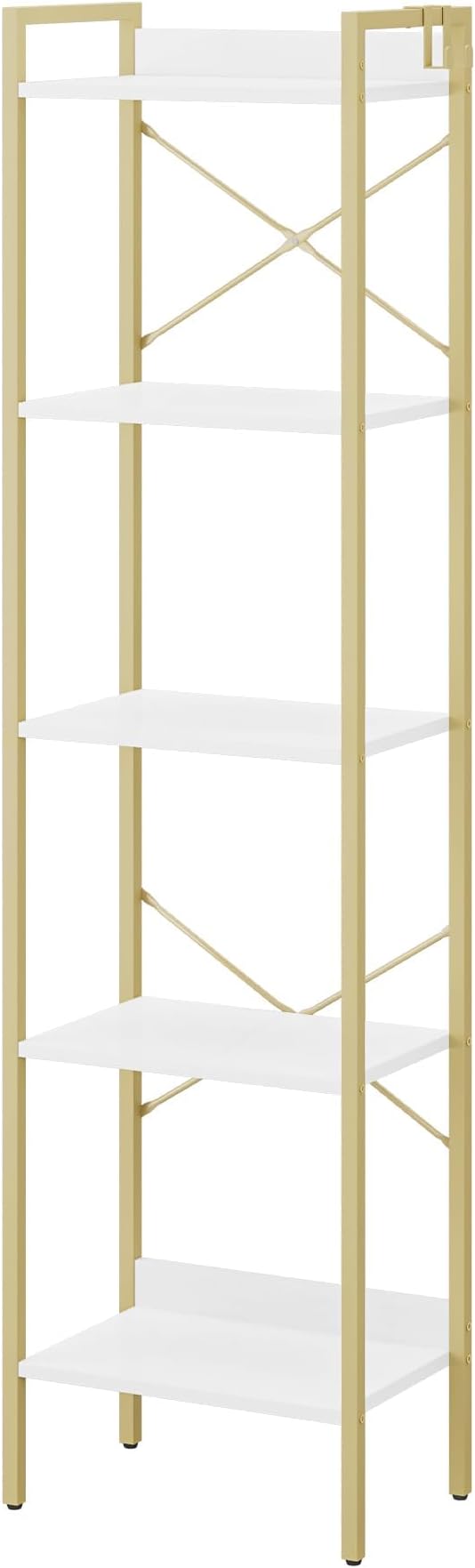 Bookshelf, Book Shelf, Industrial Bookcase with 2 Hooks, Coner Shelf Storage Organizer for Home Office, Living Room, Bedroom, Kitchen, 5-Tier White Gold BC10513G