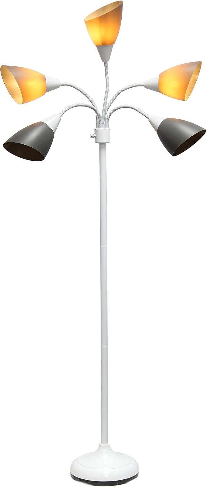 Simple Designs LF2006-GOW 67" Contemporary Multi Head Medusa 5 Light Adjustable Gooseneck White Floor Lamp with Gray Shades for Kids Bedroom Playroom Living Room Office