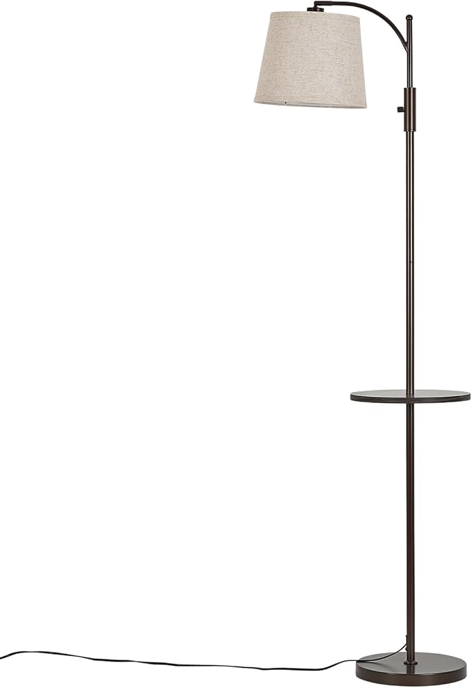 AIDENOEY Fully Dimmable Floor Lamp for Living Room,Standing Lamp Rotary Switch with Table&Linen Beige Shade,Brown Tall Lamps for Bedroom with Adjust Head,9W LED Bulb Included