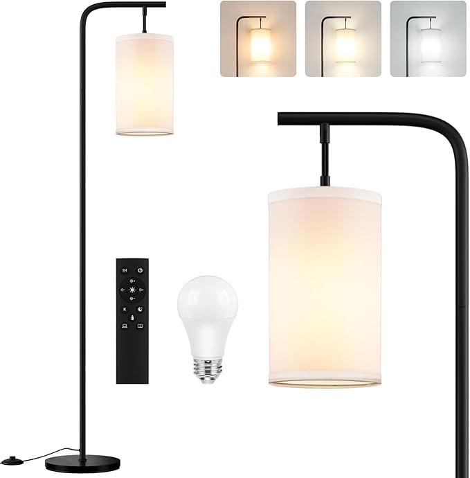 Floor Lamp for Living Room, 9W LED Bulb, Remote Custom Color Temperature & Brightness, Tall Standing Lamps for Bedroom Office Kid Room, Black