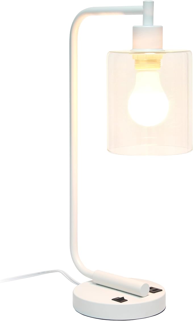 Simple Designs LD1066-WHT-LB Industrial Vintage Bronson Iron Lantern Desk Table Lamp with USB Port and Glass Cylinder Shade for Office, Living Room, Bedroom, White, with Feit LED Bulb Included