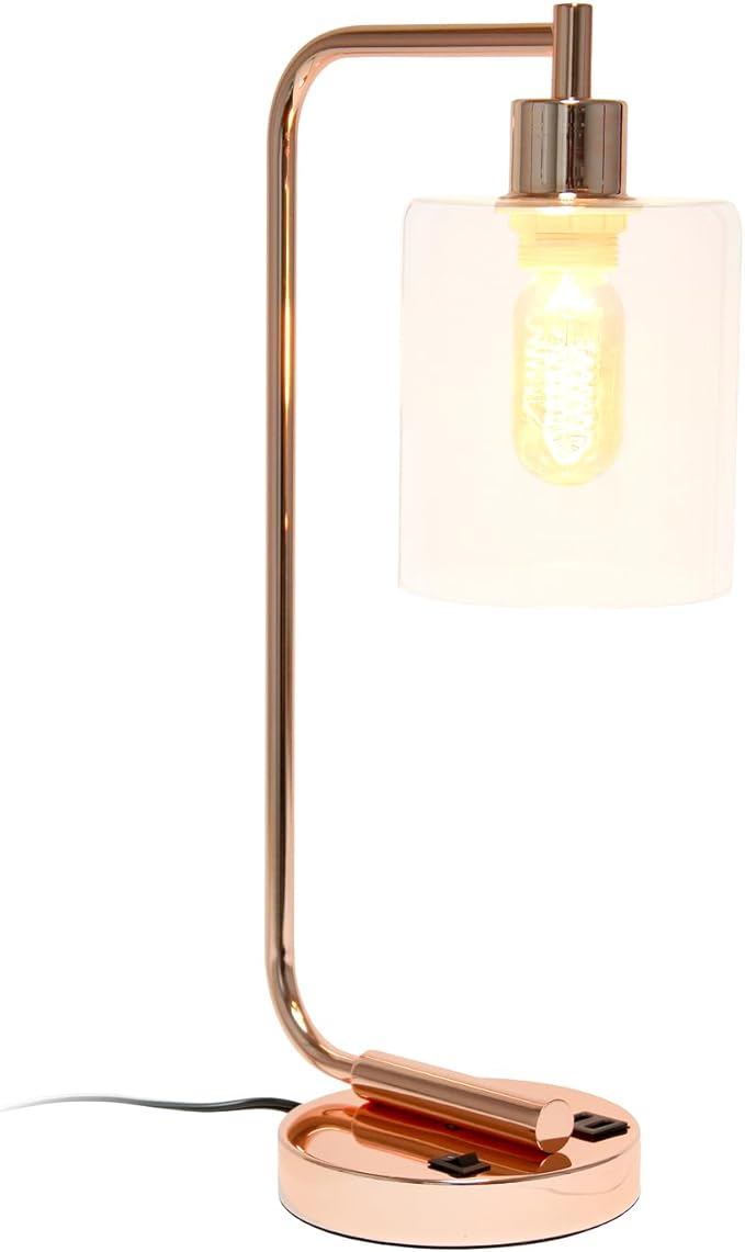 Simple Designs LD1066-RGD Bronson Antique Style Industrial Iron Lantern Desk Bedside Table Lamp with Dual 2 USB Charging Ports and Glass Shade, Rose Gold