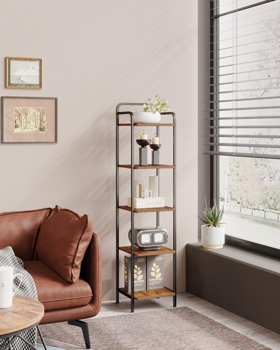 Bookcase Bookshelf, Narrow Book Shelf, Industrial Corner Shelf Storage Organizer, Slim Shelving Unit for Home Office, Living Room, Bedroom, Kitchen, 5-Tier Rustic Brown and Black BC24501B