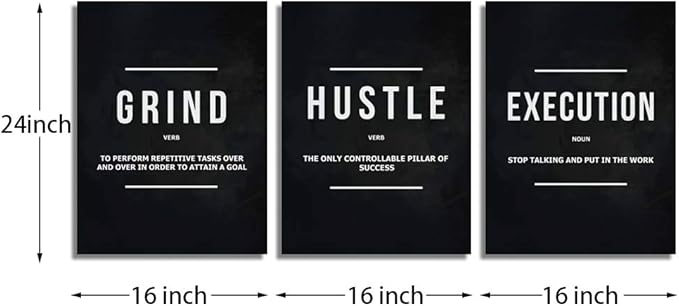 Motivational Hustle Wall Art 3 Panels Inspirational Success Execution Painting Picture Entrepreneur Quote Posters Prints Canvas Wall Decor for Office Living Room Ready to Hang(48”Wx24”H)