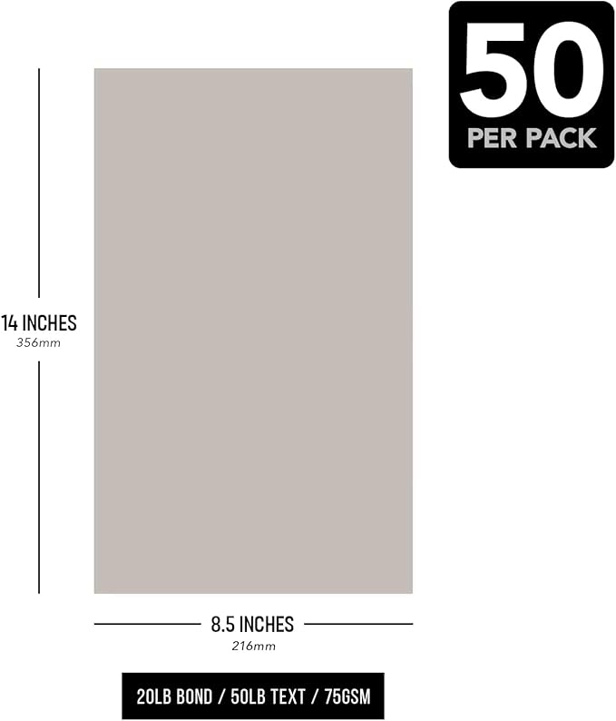 Gray Pastel Colored Paper - Perfect for Documents, Invitations, Posters, Flyers, Menus, Arts and Crafts | 8.5" x 14" (Legal Size) | Regular 20lb Bond (75gsm) Paper - Smooth Finish | 50 Sheets